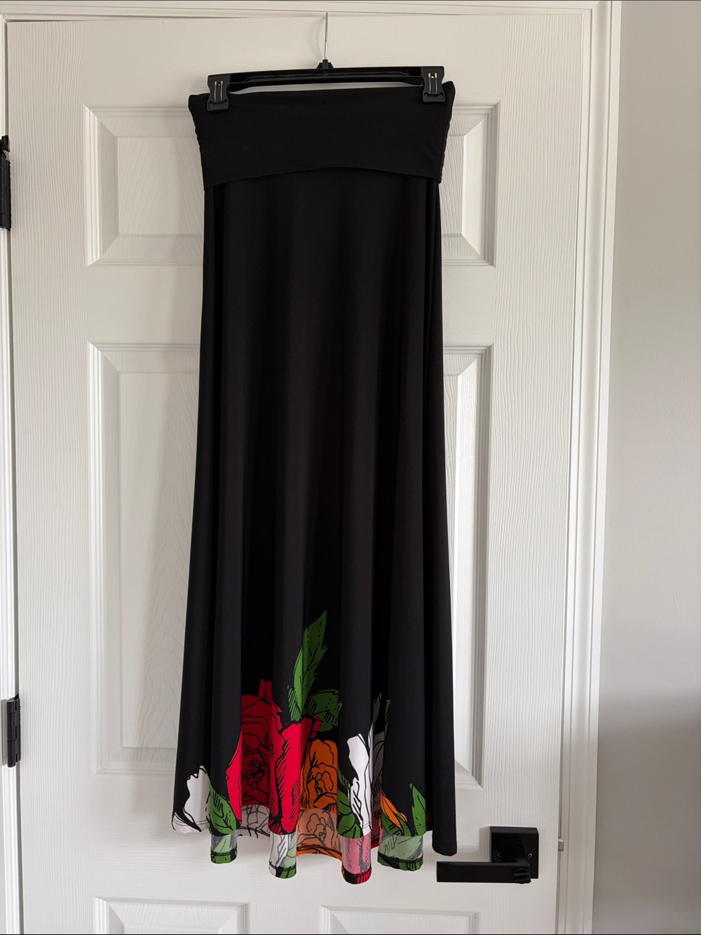 LuLaRoe Black Maxi Skirt with Red, White & Orange Floral Border
